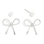 Wholesale set Two Earrings Pearl Studs Metal Bow Drop Earrings L L
