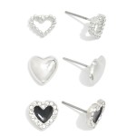 Wholesale set Three Heart Stud Earrings Metal Tones Rhinestones L