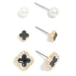 Wholesale set Three Stud Earrings Enamel Clovers Pearls L