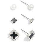 Wholesale set Three Stud Earrings Enamel Clovers Pearls L