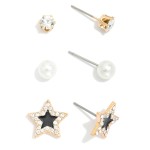 Wholesale set Three Stud Earrings Enamel Stars Rhinestones Pearls L