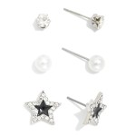 Wholesale set Three Stud Earrings Enamel Stars Rhinestones Pearls L