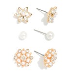 Wholesale set Three Stud Earrings Pearls Rhinestones L