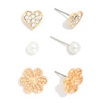 Wholesale set Three Stud Earrings Pearls Hearts Flowers L