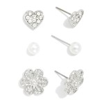 Wholesale set Three Stud Earrings Pearls Hearts Flowers L