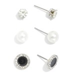 Wholesale set Three Stud Earrings Enamel Circles Rhinestones Pearls L