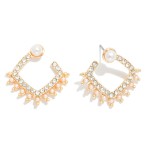 Wholesale hollow Rhinestone Studded Open Square Drop Earrings Pearl Accents L