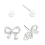Wholesale set Two Stud Earrings Metal Bow Pearl Stud Earrings L