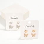 Wholesale set Two Metal Stud Earrings Hearts Butterflies L