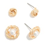 Wholesale set Two Stud Earrings Knotted Metal Pearl Accents L