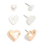 Wholesale set Three Heart Stud Earrings Metal Tones Pearl Glitter L