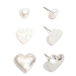 Wholesale set Three Heart Stud Earrings Metal Tones Pearl Glitter L