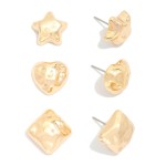 Wholesale set Three Hammered Metal Stud Earrings Stars Hearts L