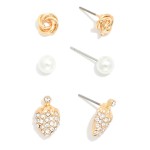 Wholesale set Three Stud Earrings Pearls Rhinestone Strawberries Metal Tones L
