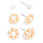 Wholesale set Three Stud Earrings Pearls Metal Tones L