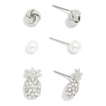 Wholesale set Three Stud Earrings Metal Tones Pearls Rhinestone Pineapples L