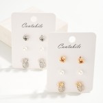 Wholesale set Three Stud Earrings Metal Tones Pearls Rhinestone Pineapples L