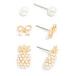Wholesale set Three Stud Earrings Metal Bows Pearls Pearl Pineapples L