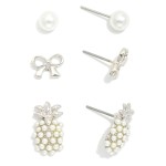 Wholesale set Three Stud Earrings Metal Bows Pearls Pearl Pineapples L