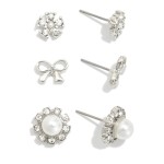 Wholesale set Three Stud Earrings Metal Tones Rhinestones Pearls L