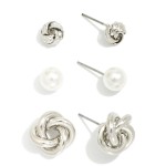 Wholesale set Three Stud Earrings Pearls Knotted Metal L