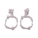 Wholesale textured Metal Hoop Post Drop Earrings Pearl Studded Details L