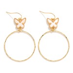 Wholesale hammered Metal Hoop Drop Earrings Butterfly Accent L