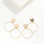 Wholesale hammered Metal Hoop Drop Earrings Butterfly Accent L