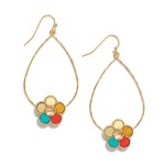 Wholesale hammered Metal Teardrop Drop Earrings Wooden Flower Accent L
