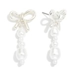 Wholesale metal Bow Beaded Pearls Post Drop Earrings L