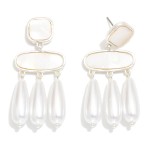 Linked Geometric Shape Post Drop Earrings Featuring Teardrop Pearl Dangle Details 

- Approximately 2" L