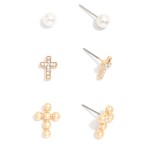 Wholesale set Three Metal Cross Earrings Pearls Rhinestones