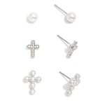 Wholesale set Three Metal Cross Earrings Pearls Rhinestones