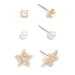 Wholesale set Three Metal Earrings Rhinestone Pearls L