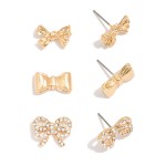 Wholesale set Three Stud Earring Metal Bows Small Rhinestones L
