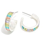 Rectangular Rhinestone Studded Hoop Earrings 

- Approximately .75" D