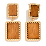 Wholesale linked Wood Rectangles Post Drop Earrings Twisted Metal Border L