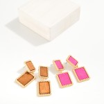 Wholesale linked Wood Rectangles Post Drop Earrings Twisted Metal Border L