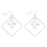 Wholesale nesting Hammered Metal Cross Diamond Drop Earrings L