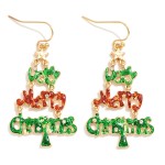 Wholesale enamel Glitter Very Merry Christmas Christmas Tree Drop Earrings L