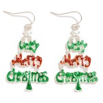 Wholesale enamel Glitter Very Merry Christmas Christmas Tree Drop Earrings L
