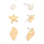 Wholesale set Three Metal Pearl Sea Animal Stud Earrings L