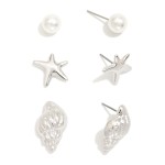 Wholesale set Three Metal Pearl Sea Animal Stud Earrings L