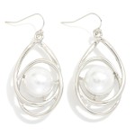 Wholesale intertwined Metal Oval Drop Earrings Nesting Pearl Detail L