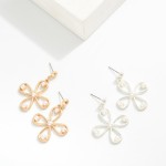 Wholesale metal Hollow Clover Post Drop Earrings Pearl Details L