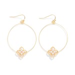Wire Hoop Drop Earring Featuring Metal Tone & Pearl Clover Detail 

- Approximately 2" L