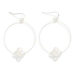 Wire Hoop Drop Earring Featuring Metal Tone & Pearl Clover Detail 

- Approximately 2" L