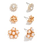 Wholesale set Three Stud Earrings Pearl Cluster Rhinestone Flower Metal Bow L