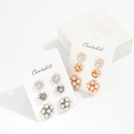 Wholesale set Three Stud Earrings Pearl Cluster Rhinestone Flower Metal Bow L