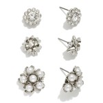 Wholesale set Three Stud Earrings Pearl Cluster Rhinestone Flower Metal Bow L